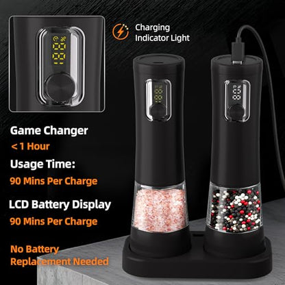 Electric Salt and Pepper Grinder, Rechargeable Automatic Pepper Mill with Base,5-Level Adjustable Coarseness, Display, LED Lighting, Large Capacity-Ideal for Kitchen, BBQ Gifts (1, Black-A) - color: Black-A