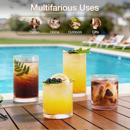 Drinking Water Glass Cups Set,Crystal Clear ribbed Glass set of 8,17oz&12oz | Unique Design Vintage Cocktail Glass, Tall Glass Cups Ideal for Ice Coffee Cup, Whiskey, Mixed Drinkware - style: Retro