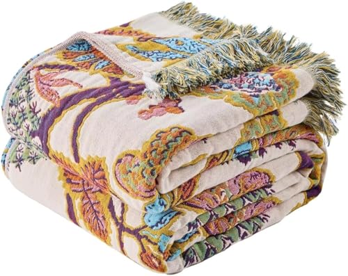 Boho Throw Blanket Farmhouse Decor Throw Blanket Bohemian Blanket for Bed 100% Cotton Muslin Woven Couch Blanket All Seasons Quilt Bedroom (E-Beige, 50"x60") - color: E-beige, size: 50"x60"