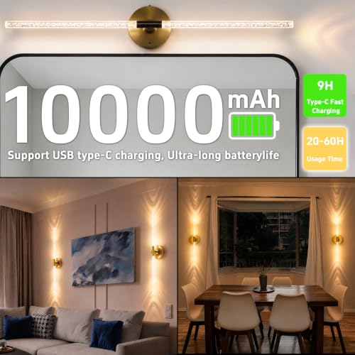 Rechargeable Wall Lights Battery Operated Sconce 2Pack(Gold Bubble Crystal) | 10000mAh Wireless Wall Lights With Touch & Remote, 4CCT, 360° Rotatable Wall Lamp for Bedroom Living Room Hallway 31.5in - color: Bubble Crystal Gold