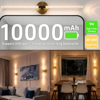 Rechargeable Wall Lights Battery Operated Sconce 2Pack(Gold Bubble Crystal) | 10000mAh Wireless Wall Lights With Touch & Remote, 4CCT, 360° Rotatable Wall Lamp for Bedroom Living Room Hallway 31.5in - color: Bubble Crystal Gold