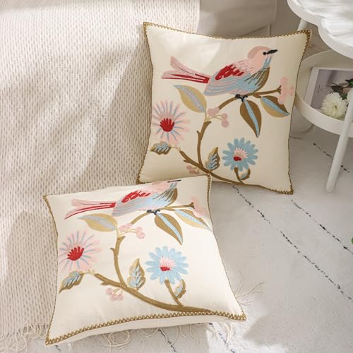 LUOYEHK Embroidered Throw Pillow Covers 18x18 Inch Pack of 2 Spring Farmhouse Floral Pillowcase Square Canvas Cushion Cover for Couch Sofa Bed Living Room (Pink Bird) - color: Pink Bird