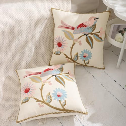 LUOYEHK Embroidered Throw Pillow Covers 18x18 Inch Pack of 2 Spring Farmhouse Floral Pillowcase Square Canvas Cushion Cover for Couch Sofa Bed Living Room (Pink Bird) - color: Pink Bird