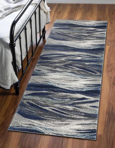 Keen Home Design Abstract Non-Shedding Runner Rug, Soft Thick Pile, 2x8 | Polypropylene High Pile, Jute Back; Ideal For Hallway, Bedside, Home Office - color: Skrik Navy, size: 2'8" x 7'7" (Runner)