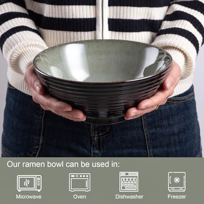 Ceramic Japanese Ramen Bowl Set, 2 Sets Asian Pho Udon Soup Noodle Bowls with Spoons and Chopsticks (Grayish Green, 8 inches) - color: Grayish Green