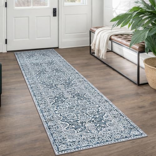 KUTA Vintage Washable Runner Rug 2x7 Blue White Hallway Kitchen Runners | Non-Slip, Non-Shedding, Low Pile, Easy Clean Distressed Flower Runners For Hall Bathroom Entryway Bedroom Laundry Foyer - color: Blue Floral, size: 2' x 7' (Runner)