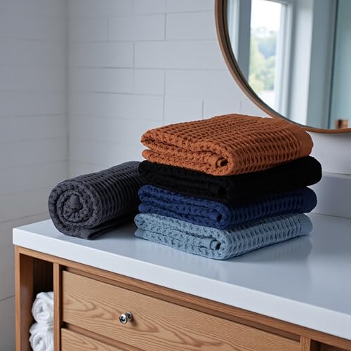 DEMMEX Organic Cotton Waffle Weave Turkish Towel Set for Bathroom, 1 Bath & 2 Large Hand Towels, 100% Oeko-TEX Certified Premium Turkish Cotton, Super Soft Lightweight Quick Dry (Slate Blue)