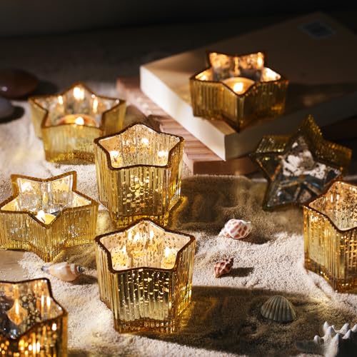 Letine 10pcs Gold Ribbed Candle Cups – Assorted Height Tea Light & Votive Candle Holders for Diwali, Wedding, Table Centerpiece, Fall & Holiday Decor – Lucky Star Jar (Tall 2.44", Short 1.57") - color: Gold, size: 10pcs