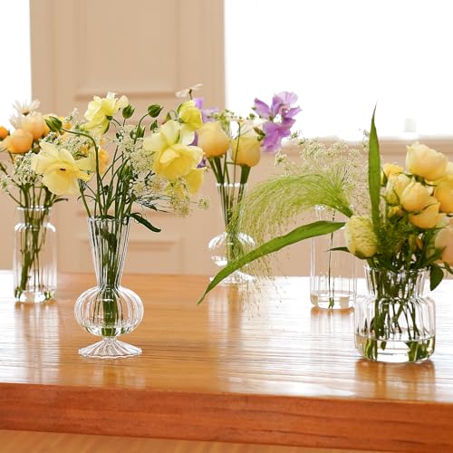 12 Pcs Ribbed Glass Bud Vases Set, 4 Styles Clear Small Flower Vases | Mini Vases in Bulk, Roman Column Vertical Ribbed Design for Wedding, Home Decor, Table Centerpieces, Party