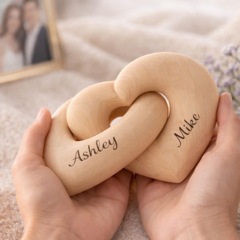 Personalized Interlocking Wooden Hearts, Custom Name Date Engraved Couple Gift, Wedding Anniversary Keepsake, Romantic Decor, Valentine Gift, Bridal Shower Gifts, Engagement Present 2 - color: Design 02