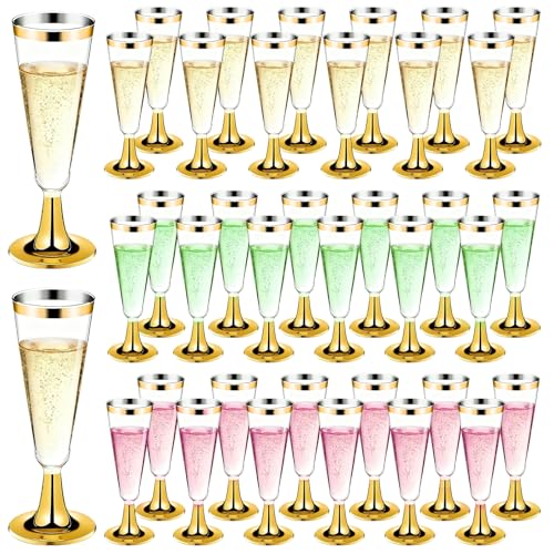 GuanQiao 100 Pack Plastic Champagne Flutes with Gold Rim Gold Bottom, 5.5 Oz Clear Disposable Plastic Champagne Glasses, Wine Glasses Cups for Wedding Celebration New Years Eve Party Supplies - color: Gold Bottom Gold Rim, size: 100-Pack