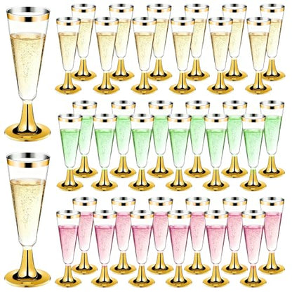 GuanQiao 100 Pack Plastic Champagne Flutes with Gold Rim Gold Bottom, 5.5 Oz Clear Disposable Plastic Champagne Glasses, Wine Glasses Cups for Wedding Celebration New Years Eve Party Supplies - color: Gold Bottom Gold Rim, size: 100-Pack