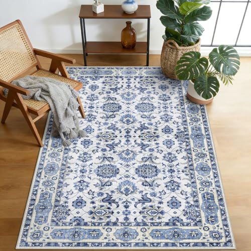 BLISSA 3x5 Washable Area Rug Non-Slip Delft Blue Vintage Floral Entry Rug | Ultra-Thin Soft Oriental Distressed Floor Carpet Bedside Throw Rug for Kitchen Bedroom Bathroom Dorm Nursery Home Decor - color: Delft Blue, size: 3' x 5' (Rectangular)