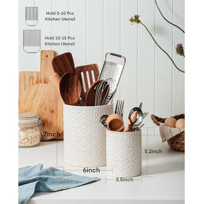 Utensil Holder Set of 2, 7.3”+5.2”Ceramic Utensil Crock Organizer | Farmhouse Countertop Storage, Embossed Pattern - color: Off-White Set of 2