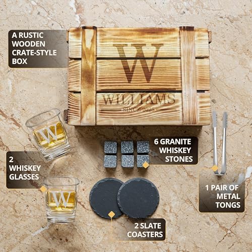 Custom Monogram Since Year Whiskey Glass Set, 2 Glasses, Wood Crate | Name Design, 6 Granite Stones, Tongs Included, 2 Slate Coasters, Rustic Wood Design, Scotch Bourbon Lover Gift