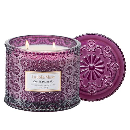 LA JOLIE MUSE Vanilla Plum Sky Scented Candles for Home, Soy Wax, 2-Wick | Large Jar Luxury Candle, Natural Clean Non Toxic, Gifts for Women & Men, Decorative Purple Candles for Candle Warmer,12 oz - color: Vanilla Plum Sky, size: 12 oz