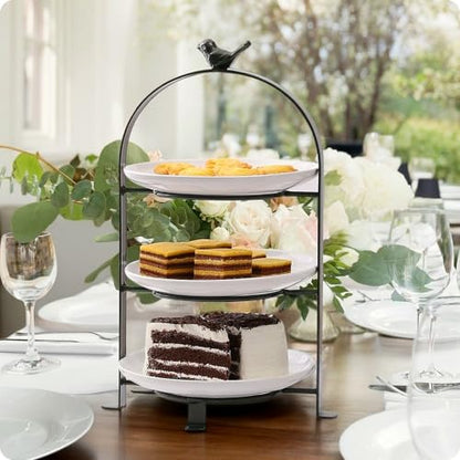 SparkWorks 3 Tiered Cake Stand, Tea Party Serving Platter, Dessert and Cupcake Stand, Metal Tiered Serving Stand Includes Three Premium White Stoneware Plates - size: 8.5 inch