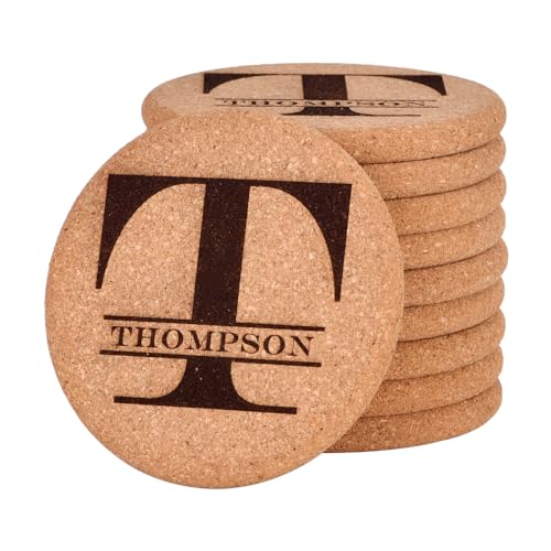 Personalized Cork Coasters for Drinks, Custom Engraved Absorbent Heat & Water Resistant Coasters for Cups and Mugs (T) - color: T