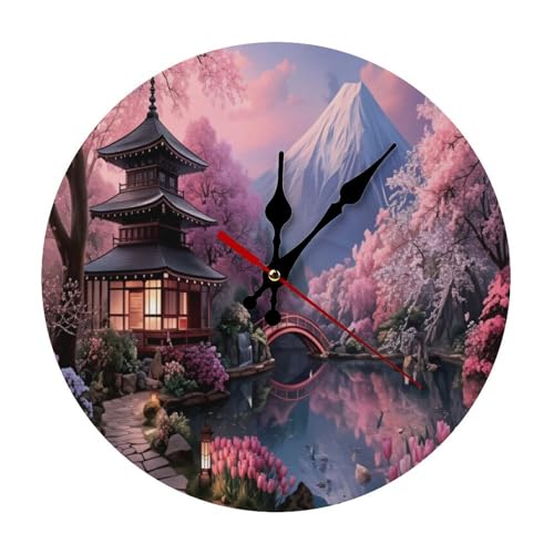 Japanese Cherry Blossom & Mount Fuji Minimalist Silent Wall Clock 11.8x11.8 inches, Modern Round Wooden Clock Without Numbers for Bedroom Living Room Office Home Decor - color: Japanese Cherry Blossom & Mount Fuji, size: 11.8x11.8 inches