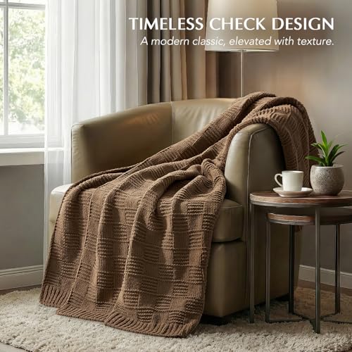 EVERGRACEHOME Modern Checkered Chenille Throw Blanket, 60x80, Camel Brown | Lightweight Warmth, All-Season Breathability, OEKO-TEX certified, Timeless Grid Pattern, Farmhouse Throw for Couch, Bed, Sofa - color: Camel Brown, size: 60" X 80"