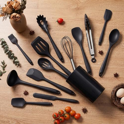 LIANYU 14 Pcs Silicone Kitchen Utensils Set with Holder, Black | 446°F Heat Resistant Silicone Cooking Utensils Spatula Set, Non-Stick & Dishwasher Safe Cooking Tools, Comfort Grip Handle - color: Black