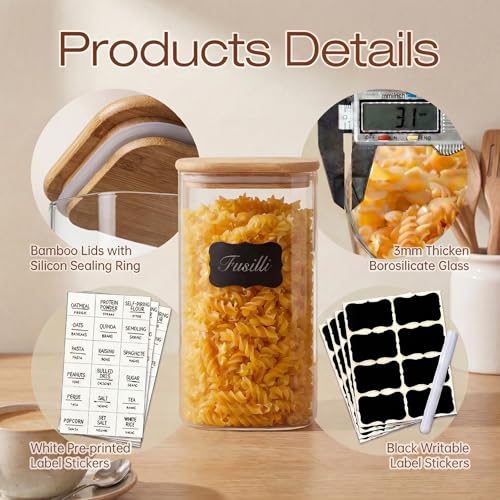 21 oz Square Glass Food Storage Containers with Airtight Bamboo Lids, 4Pack | Pantry Jars for Flour, Sugar, Pasta & Spices, 3mm Borosilicate Glass Canisters Keep Food Dry & Fresh, Easy to Fill & Clean - color: 21oz 4 Pack