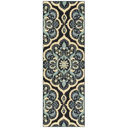 Maples Rugs Vivian Medallion Runner Rug - Made in USA - Washable, Non Slip, Indoor Carpet for Hallway, Kitchen, and Laundry Room, 2' x 6', Persian Blue - color: Persian Blue, size: 2' x 6' (Runner)