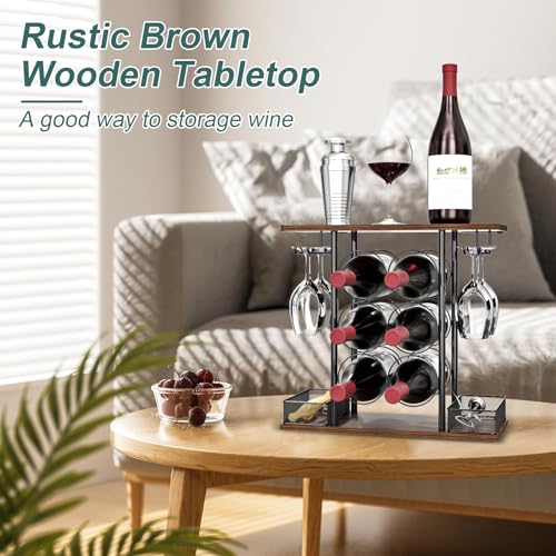 VyGrow Countertop Wine Rack, 3 Tier Wood & Metal Small Wine Rack Up to Hold 6 Bottles and 4 Glasses, Wine Bottle Holder for Home Bar Tabletop Kitchen Cabinet, 6.29" D x 16.14" W x 15.82" H