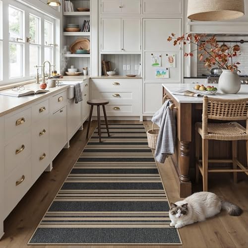 Washable Kitchen Runner Rug 2x8 Striped Jute Look Non Slip | 2'6"x8 Black Farmhouse Design, Indoor Outdoor Hallway Runner for Entryway, Laundry Room and Kitchen, Non Shedding, Easy Care - color: Black/Striped, size: 2'6" x 8' (Rectangular)