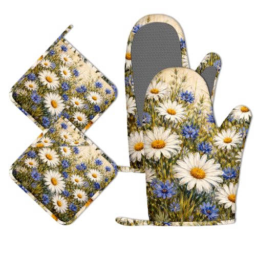 Vintage White Daisy Oven Mitts and Pot Holders Sets of 4, Heat Resistant Silicone Oven Mitts Gloves Non-Slip Kitchen Mittens Potholders for Cooking Baking Grilling BBQ - color: Vintage White Daisy