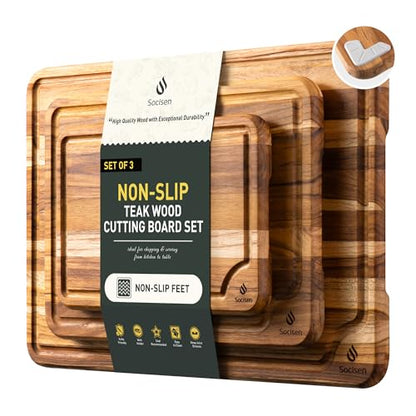Teak Wood Cutting Board Set for Kitchen High-End Non Toxic Non Slip Over Sink Solid Thick Wood Haus Chopping Board Extra Large Big Small Best Kitchen Essential House Warming Hostess Host Gift - style: Set of 3
