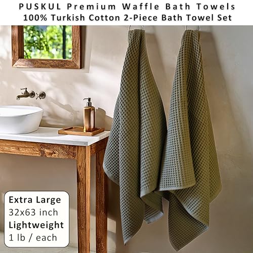 PÜSKÜL 2-Piece Natural 100% Turkish Cotton Waffle Bath Towels Extra-Large | Khaki Green 32x63" Bath Sheet Towel Light Soft Absorbent Quick-Dry Lint-Free Premium Honeycomb Weave Oeko-Tex Made in Turkiye - color: Khaki Green