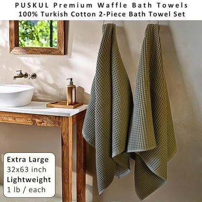 PÜSKÜL 2-Piece Natural 100% Turkish Cotton Waffle Bath Towels Extra-Large | Khaki Green 32x63" Bath Sheet Towel Light Soft Absorbent Quick-Dry Lint-Free Premium Honeycomb Weave Oeko-Tex Made in Turkiye - color: Khaki Green