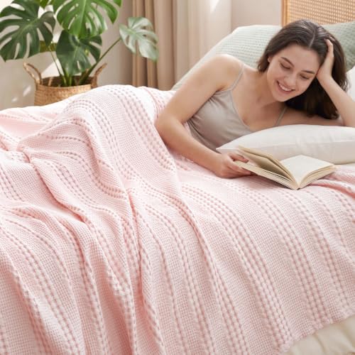 PHF Cooling Waffle Blanket King Size, Lightweight 60% Rayon from Bamboo & 40% Cotton Breathable Blanket for Hot Sleepers, Summer Use, Soft Luxury for Bed Couch Sofa, 104"x90", Pink - color: Pink, size: King(104 " X 90")