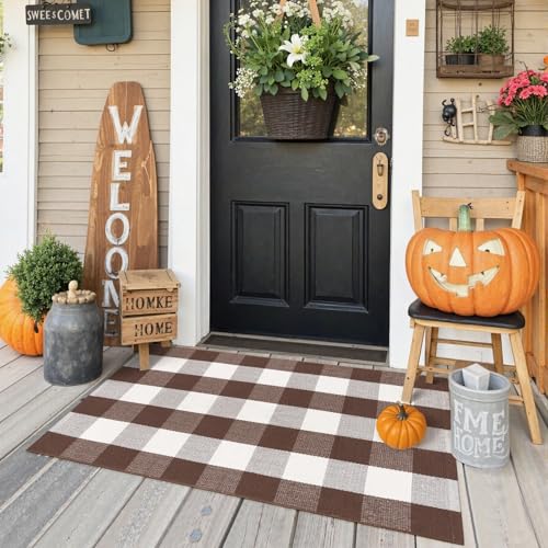 KIMODE Fall Decor Front Door Mat Buffalo Plaid Outdoor Front Porch Rug | Fall Farmhouse Checkered,Brown White,27.5"x43",Washable,Cotton,Thanksgiving Layered Door Mats Outdoor Autumn Holiday Decor - color: Coffee/White, size: 2'4" x 3'7" (Rectangular)