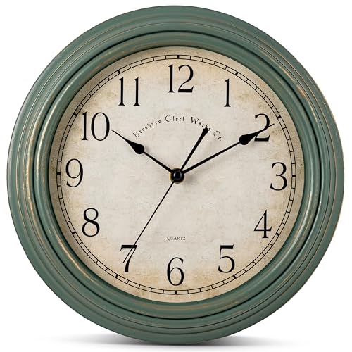 Bernhard Products Vintage Wall Clock Silent Non Ticking - 12 Inch Quality Quartz Battery Operated Decorative Rustic Green Clock for Home Kitchen Living/Dining Room Office Decor, Easy to Read - color: Rustic Green