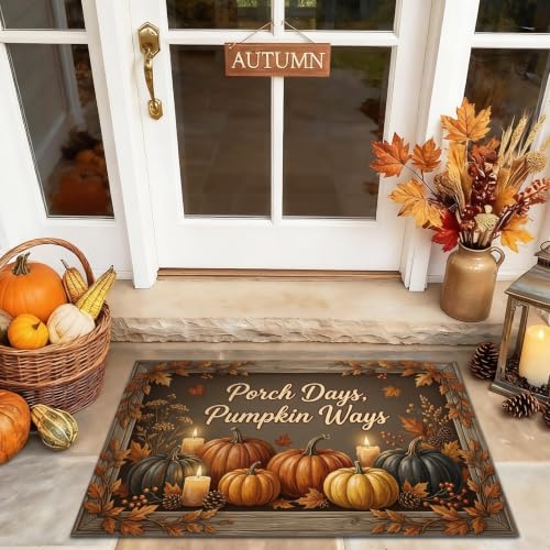 Pumpkins Welcome Door Mat, Seasonal Rustic Candle Leaf Autumn Orange Non-Slip Dirt Trapper Decorative Doormat Entryway Decor for Front Porch Bathroom Office 29x17 Inch