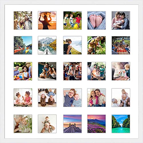 Instagram 25-Opening White Collage Frame With Mat - 22x22 Solid Wood Frame For (25) 4" x 4" Photos - White Matted Instagram 4x4 Collage Photo Frame with Mat with Multi Opening Picture Matte