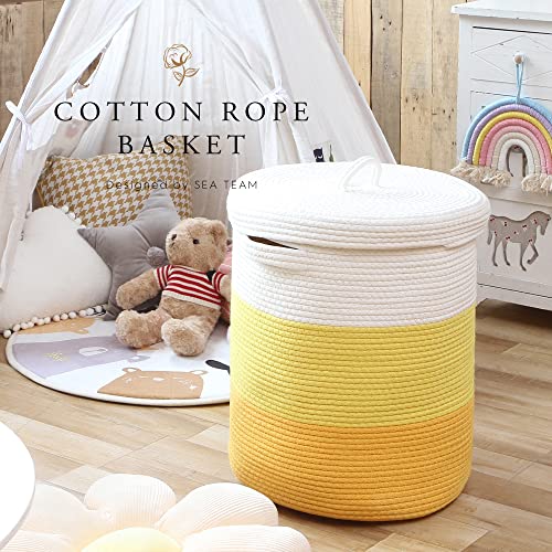 Sea Team Large Woven Cotton Rope Laundry Basket with Lid, 20 x 16 in | Collapsible Knitted Hamper with Handles, Lidded Closet Shelf Organizers for Clothing, Blankets, Toys, Bedding, Yellow - color: White & Yellow