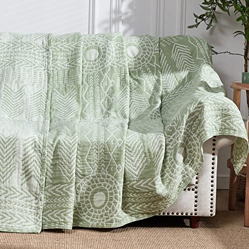 jinchan Boho 100% Cotton Blanket Muslin Lightweight Twin Size Throw Blanket Reversible for Couch Soft Cozy All Season 3-Layer Throw Coverlet Blanket for Bedroom Living Room Decor Green 60x80 Inches - color: A. Boho Green, size: 60"x80"