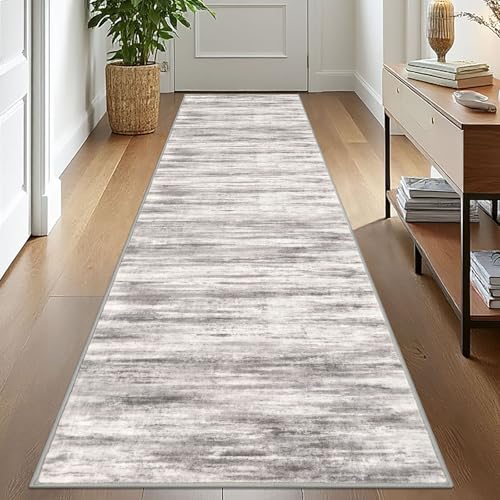 KOZYFLY Modern Abstract Washable Rug Runner 2.6x10 Hallway Rug Runner Non-Slip Soft Kitchen Runner Rugs, Grey/Light Beige/Brown Striped Carpet for Entryway Bathroom - color: Grey/Light Beige/Brown, size: 2'8" x 10' (Runner)
