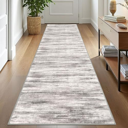 KOZYFLY Modern Abstract Washable Rug Runner 2.6x10 Hallway Rug Runner Non-Slip Soft Kitchen Runner Rugs, Grey/Light Beige/Brown Striped Carpet for Entryway Bathroom - color: Grey/Light Beige/Brown, size: 2'8" x 10' (Runner)