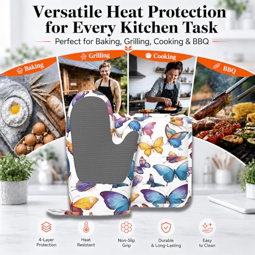 Colorful Butterflies Heat-Resistant Oven Mitts and Pot Holder Kitchen Non-Slip Silicone Cooking Microwave Gloves for Cooking Baking Grilling BBQ - color: Colorful Butterflies