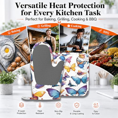 Colorful Butterflies Heat-Resistant Oven Mitts and Pot Holder Kitchen Non-Slip Silicone Cooking Microwave Gloves for Cooking Baking Grilling BBQ - color: Colorful Butterflies