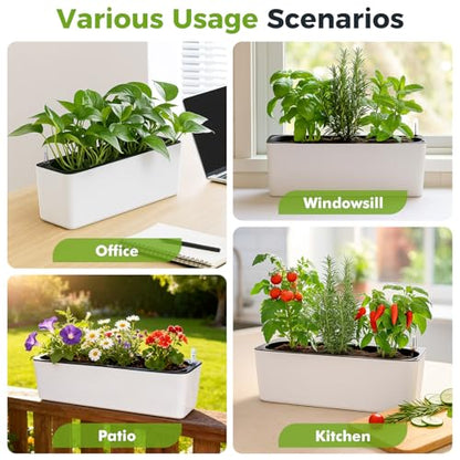 2 Pack Rectangular Planter 15.6 x 5.4 in Self Watering Planter Window Sill Planters Indoor Rectangle Plant Pot Self Watering Pots Plastic Plant pots with Drainage Holes Black Flower Pot - color: White