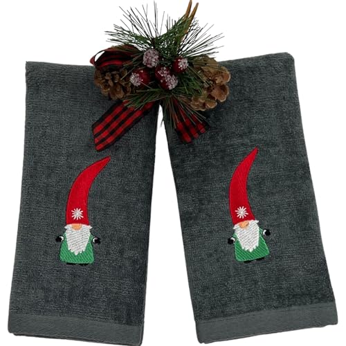 Christmas Guest Hand Towels: Grey Plush Terry Cotton Embroidered Spritly Gnome - color: Nordic Gnome