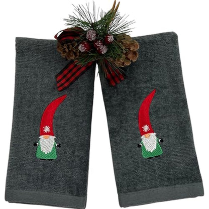 Christmas Guest Hand Towels: Grey Plush Terry Cotton Embroidered Spritly Gnome - color: Nordic Gnome