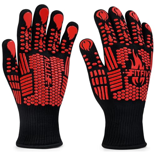 BBQ Gloves, 1472°F Heat Resistant with Silicone Grip Oven Mitts | Non-Slip Grip, for BBQ, Grilling, Oven, Smoker, Cooking and Baking - color: Red, size: Short (Glove L 11.51" × Palm W 6.33")