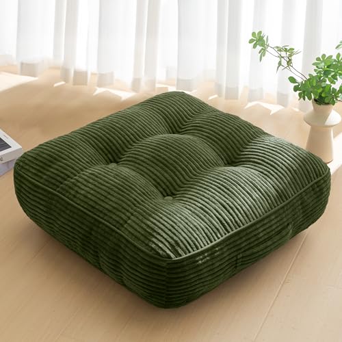 HIGOGOGO 6" Extra Thick Floor Pillow Cushion for Adults, Meditation Cushion Pillow, Large Square Floor Sitting, Tufted Corduroy Cover, for Tatami Living Room or Yoga, 22x22 Inch, Dark Green - color: Square Dark Green, size: 6" Thick(Pack of 1)