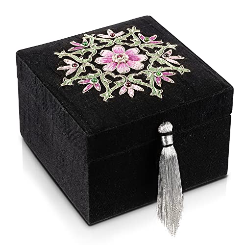 Handmade Embroidered Jewelry Storage Box with Ruby Gemstone, Small Decorative Keepsake Box, Trinket Box, Memento Box, Gift Presentation Box, Home Décor Accent - color: Purple with silver embroidery